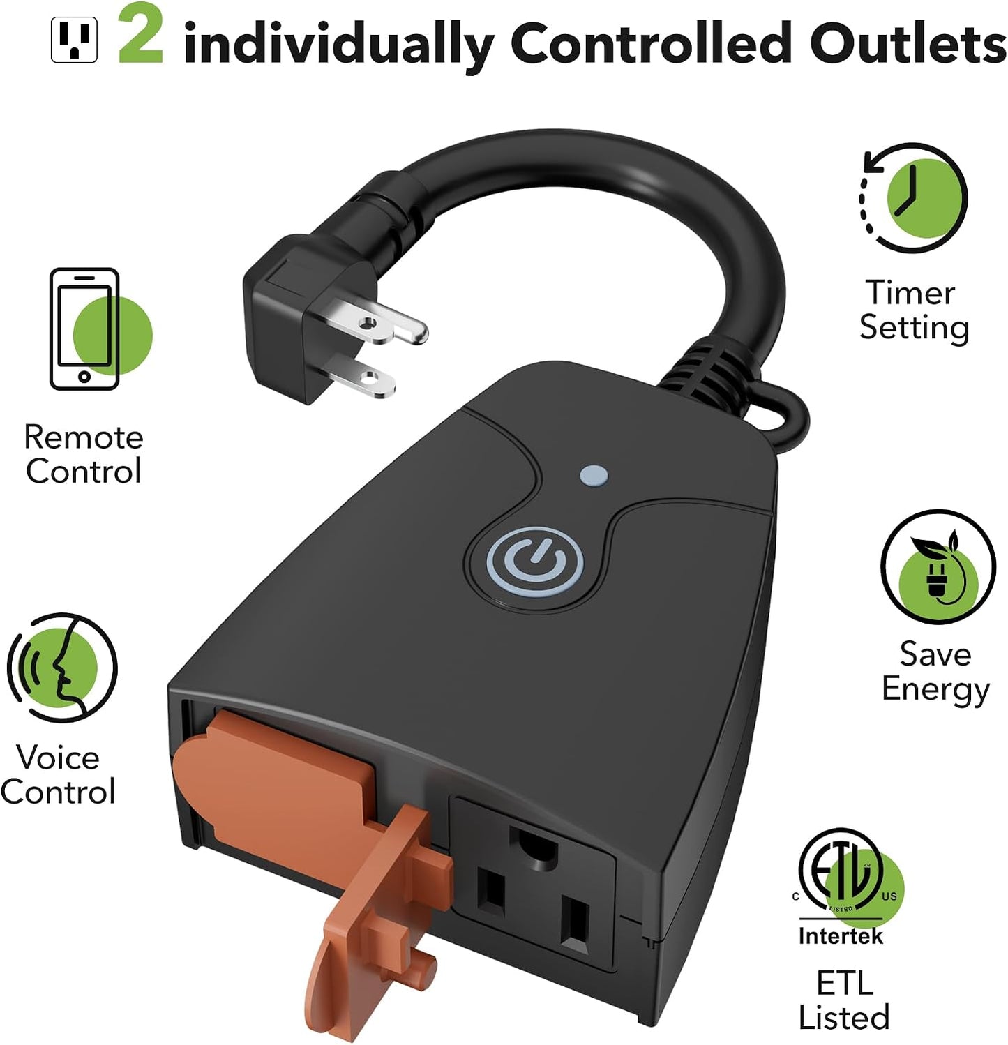 HBN Outdoor Smart Plug, WiFi Heavy Duty 2 Outlet Timer, 1 Pack, 2.4GHz | IP44 Weatherproof Timer Outlet with App Wireless Remote Control, Works with Alexa & Google Assistant, Voice & Remote Control
