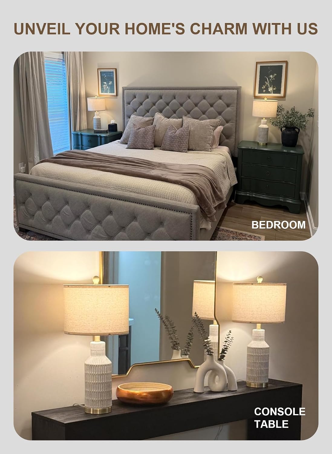 USumkky 25" Table Lamps Set of 2 - Modern Bedside Lamps for Living Room - White Washed Ceramic Nightstand Lamps for Bedroom