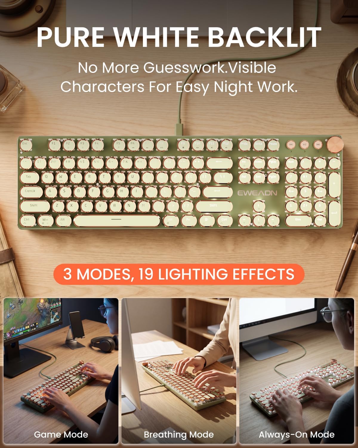 EWEADN Wired Typewriter Mechanical Keyboard, Low Noise Retro Punk Keyboard with Media Knob, White Backlit, Metal Panel, 104-Key Round Keycaps Gaming Keyboard for Windows PC, Pink Switch, Green