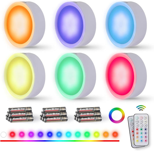 EverBrite Puck Lights with Remote, RGB 13 Color Changing Lights with Dimmer | Under Cabinet Lights, Dimmable Closet Lights with Timer, AA Battery Included, Push, Touch, Stick on for Night, 6-Pack