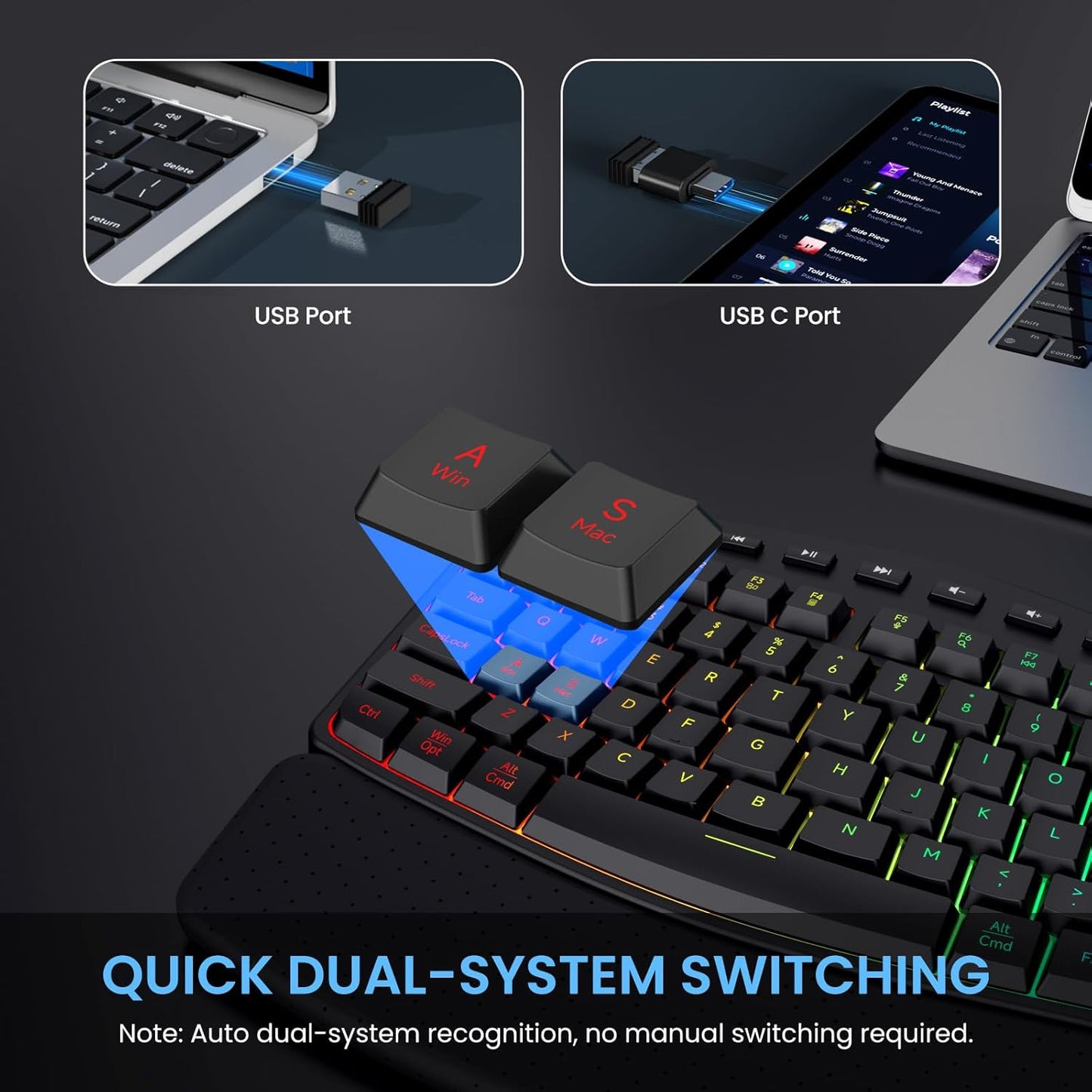 COLIKES Wireless Ergonomic Keyboard, Backlit Keyboard Silent with 15 RGB Lighting Effects, Leather Wrist Rest, 2500mAh Rechargeable, Multimedia Keys, Wave Keyboard for PC Computer Laptop Windows Mac