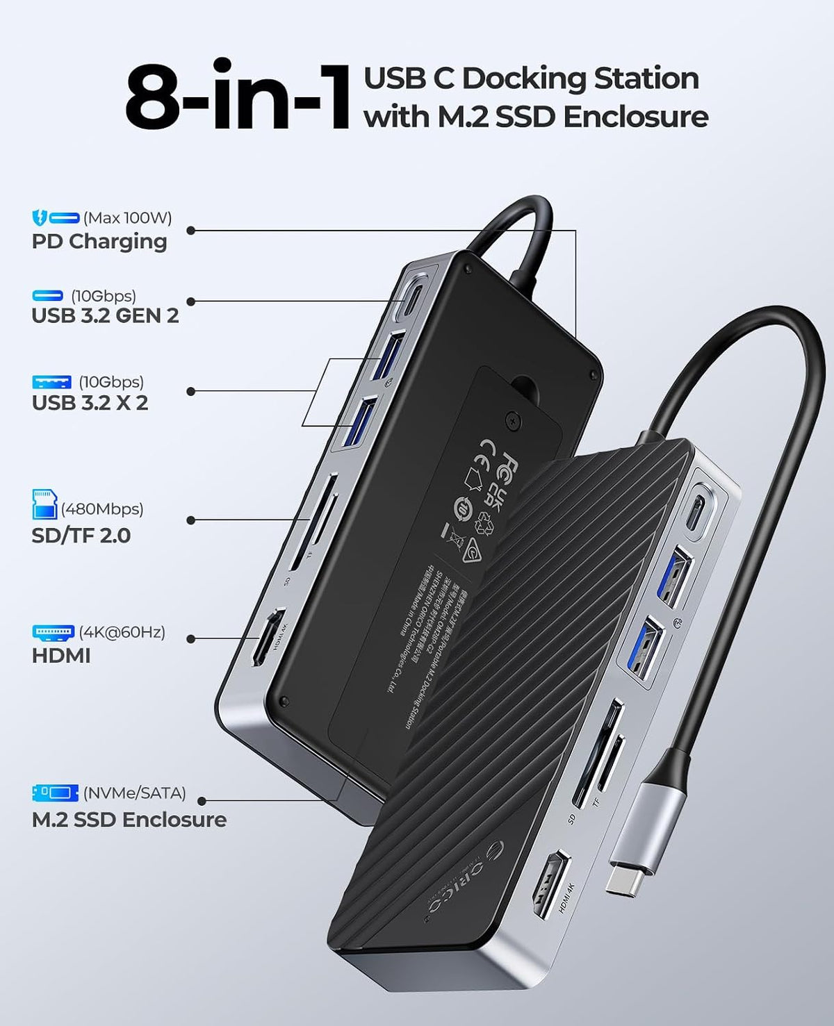 ORICO USB-C Hub with M.2 SSD Enclosure, 8-in-1 USB C Docking Station Fits M.2 NVMe/SATA SSD, 10Gbps, 4K@60Hz HDMI, 100W PD, SD/TF Card Reader