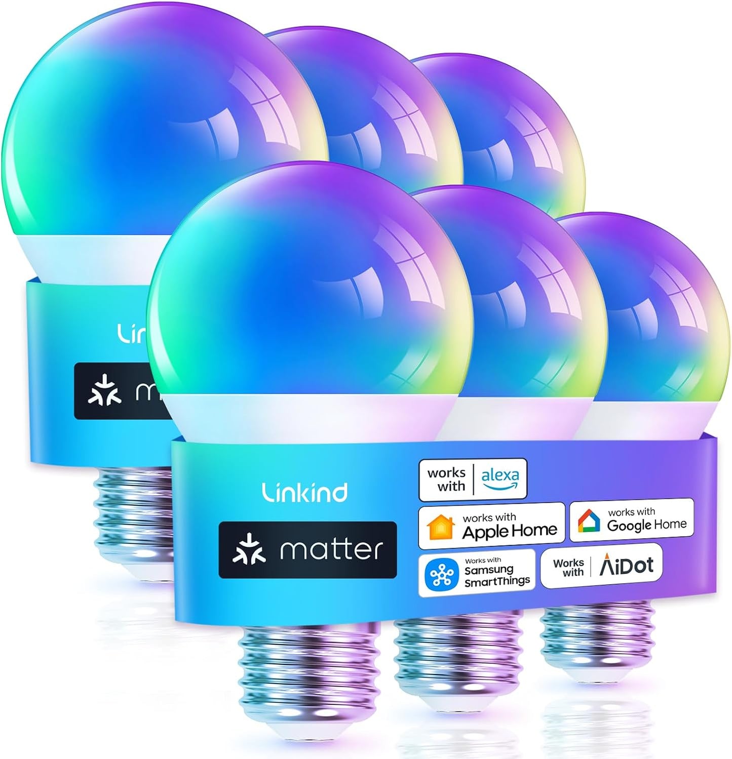 Linkind Matter Smart Light Bulbs, Work with Apple Home, Alexa, Siri, Google | Matter-enabled Direct Connect, LED Color Changing Light Bulbs, Mood Lighting, Music Sync, A19 E26 60W 800LM 2.4G WiFi, 6 Pack