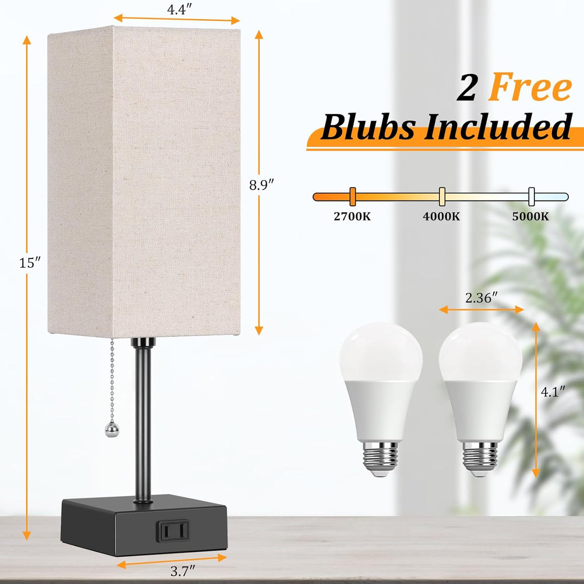 15'' Bedside Table Lamp for Bedroom Small Night Light Lamps for Night stand | Pull Chain Table Lamps for Night stands with AC Outlet，desk lamp with 2 Bulbs Lamp for Living Room Kids Room Office Decor
