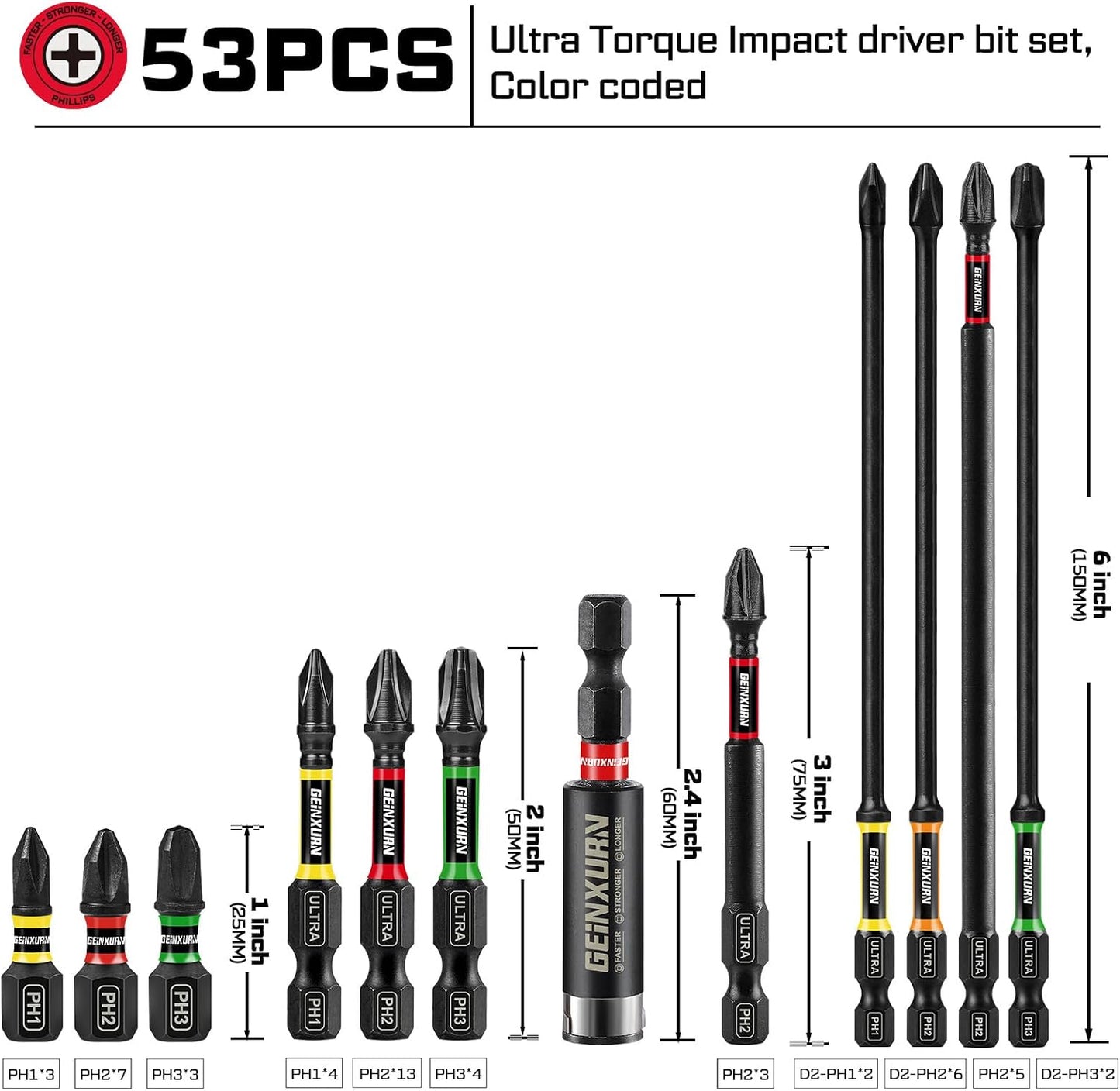 52pcs Impact #1#2#3 Phillips Screwdriver Bits Set, 1” 2” 3” 6” (PH1/PH2/PH3) Magnetic S2 Steel Cross Driver Bits Set and 1pc Impact Bit Holder with Color Coded Base