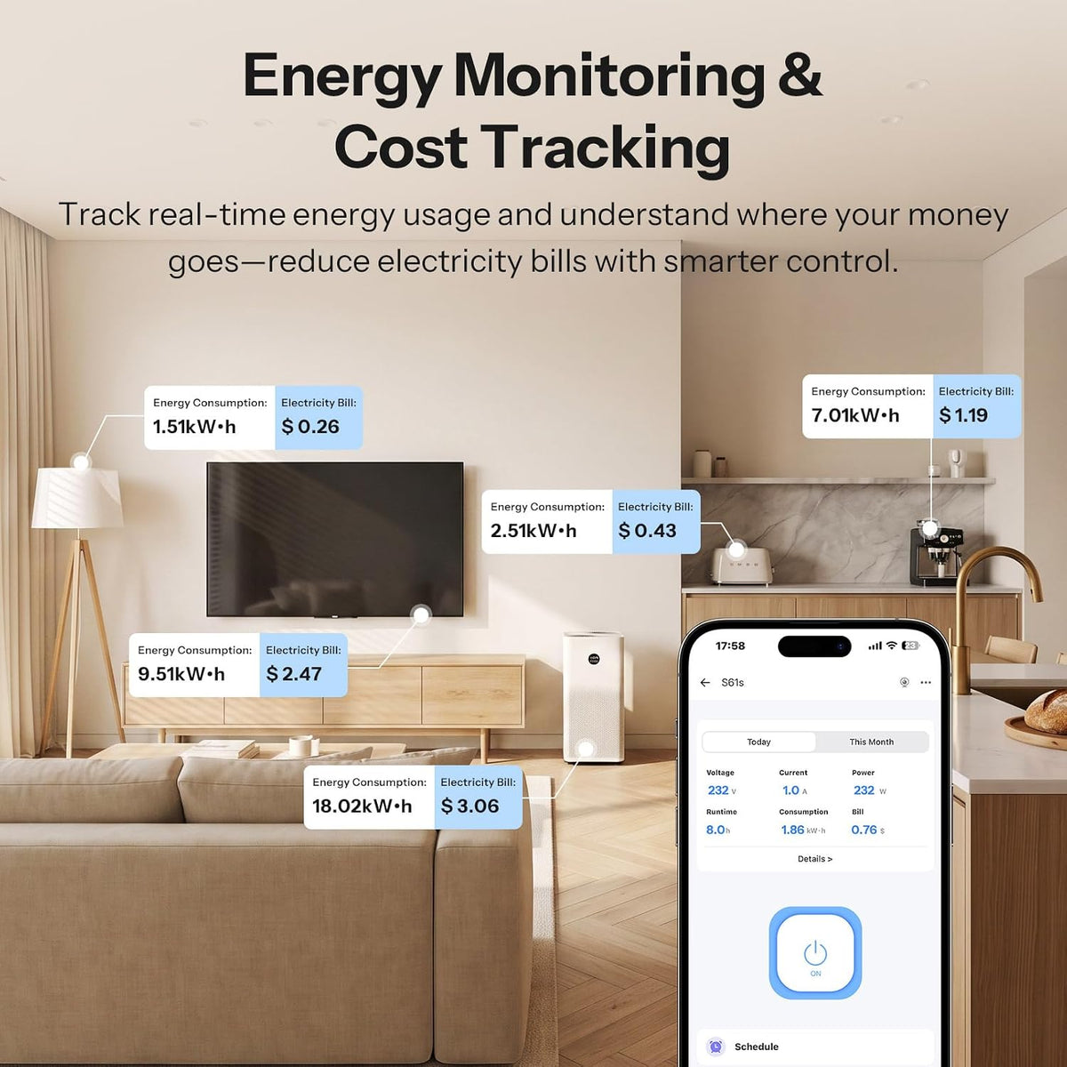 SONOFF S61s Matter Smart Plug, 15A Wi-Fi Outlet with Energy Monitoring