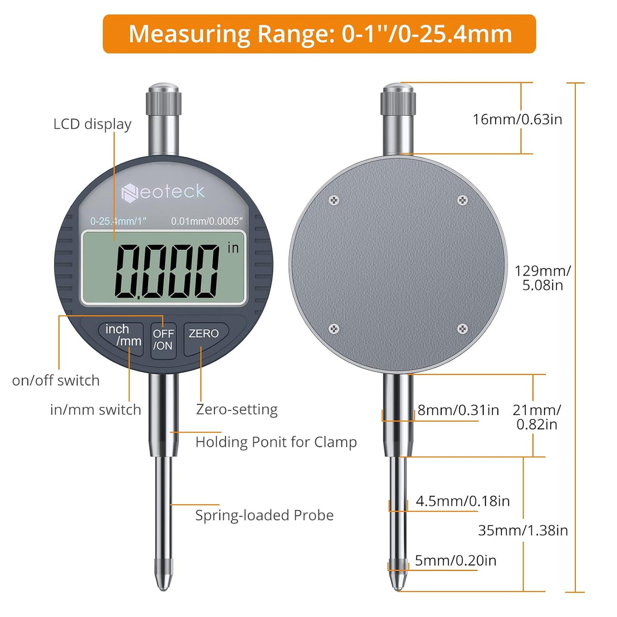 Neoteck 1"/25.4mm Digital Dial Indicator 0.0005"/0.01mm Dial Test Indicator | DTI Dial Gauge with Large LCD Display,Inch/Metric Conversion,Zero Setting for Mechanical Industrial Measurement CNC-Grey
