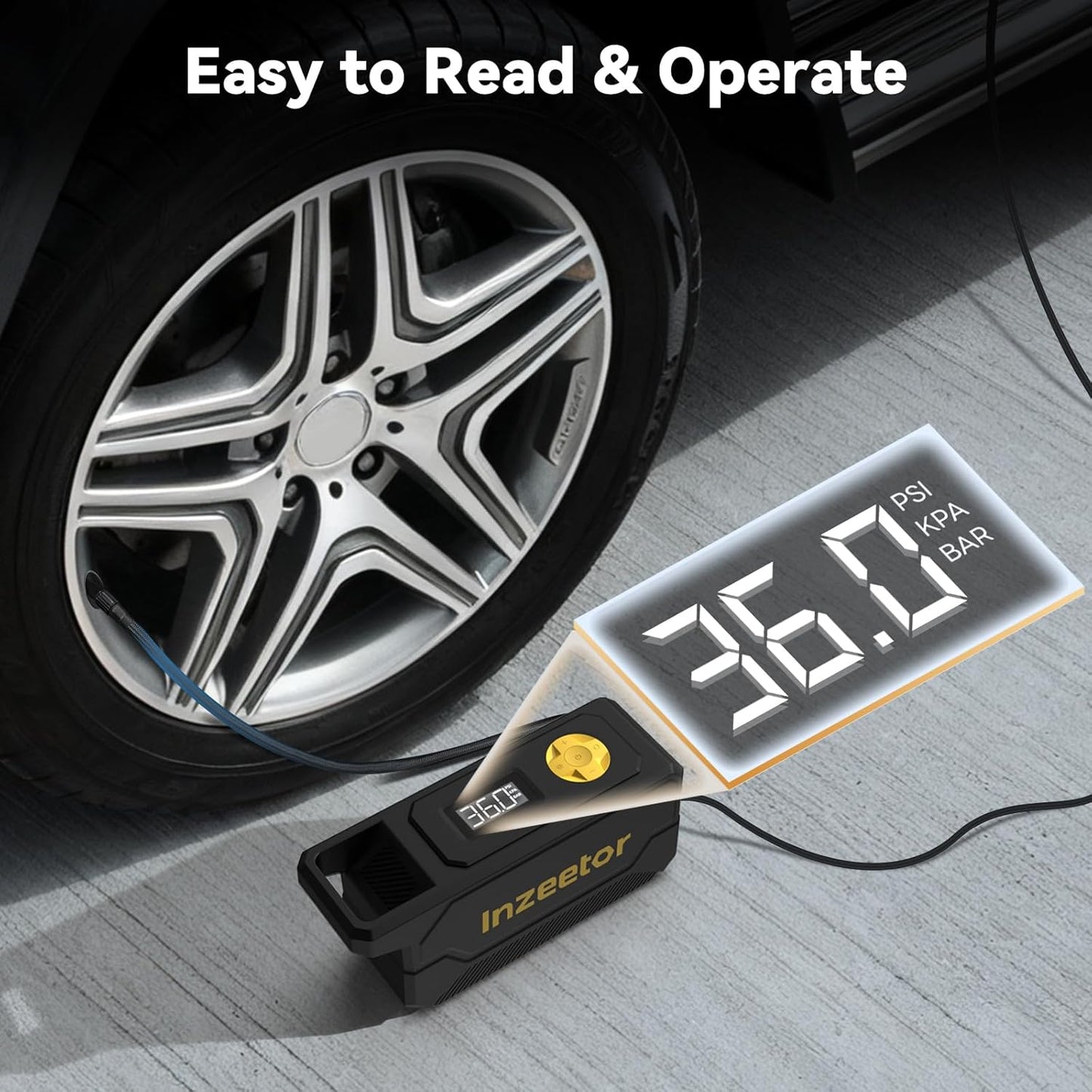150 PSI Tire Inflator Portable Air Compressor with Digital Pressure, Black | 12V DC Auto Shutoff Air Pump Emergency LED Light for Car Tires, Bicycle & Balloons