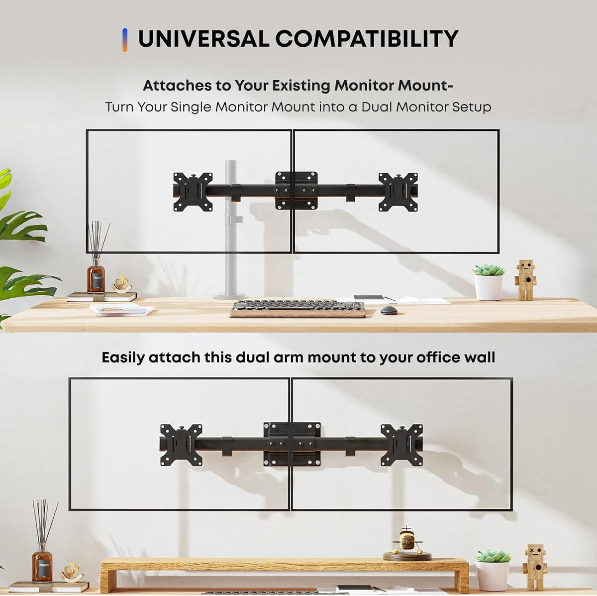 PUTORSEN Dual Monitor Wall Mount, Horizontal Assembly Mount for 2 Monitor Screens up to 27 inches,Max. 10kg, VESA 75x75/100x100mm