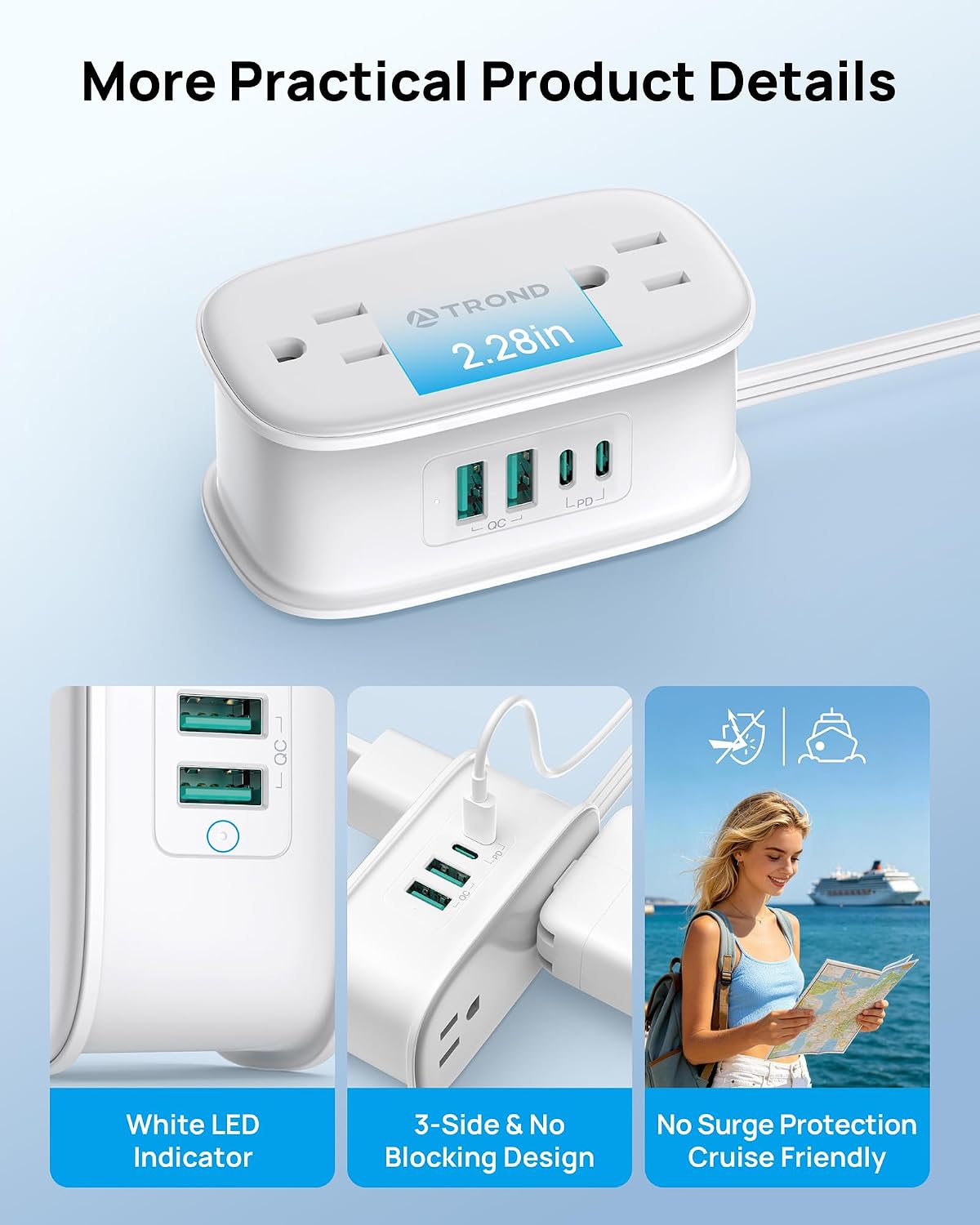 TROND European Travel Plug Adapter with 4 AC Outlets and 2 PD 20W USB C | US to Europe Plug Adapter, 3.5ft Type C Plug Adapter, Travel Essentials for France Italy Germany Spain Iceland Greece