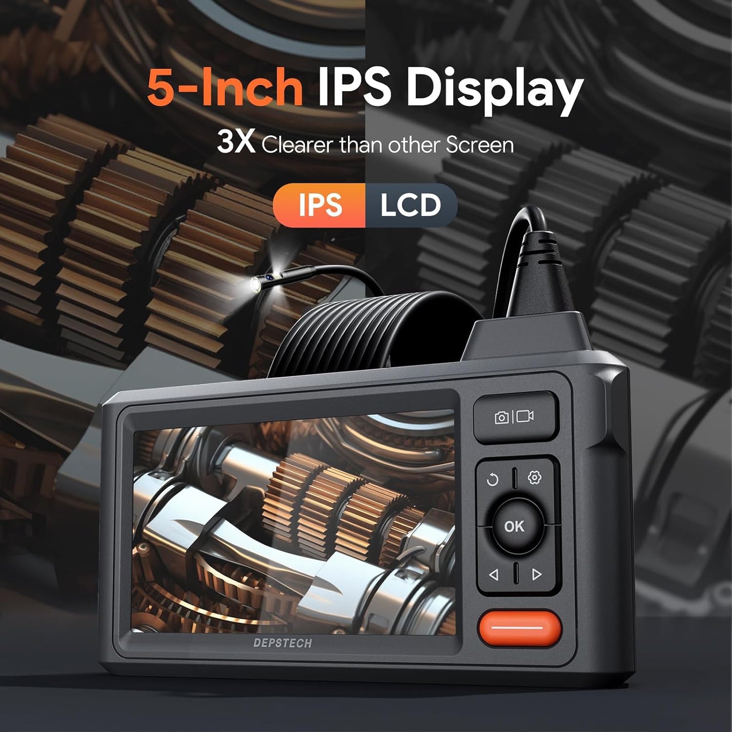 DEPSTECH 50FT Endoscope Camera, 5" IPS Screen Triple Lens Inspection Camera | 1080P HD Endoscope Camera with 10 LED Light,Semi-Rigid Snake Cable, Photo & Video, IP67 Waterproof for Plumbing, Pipe, Drain
