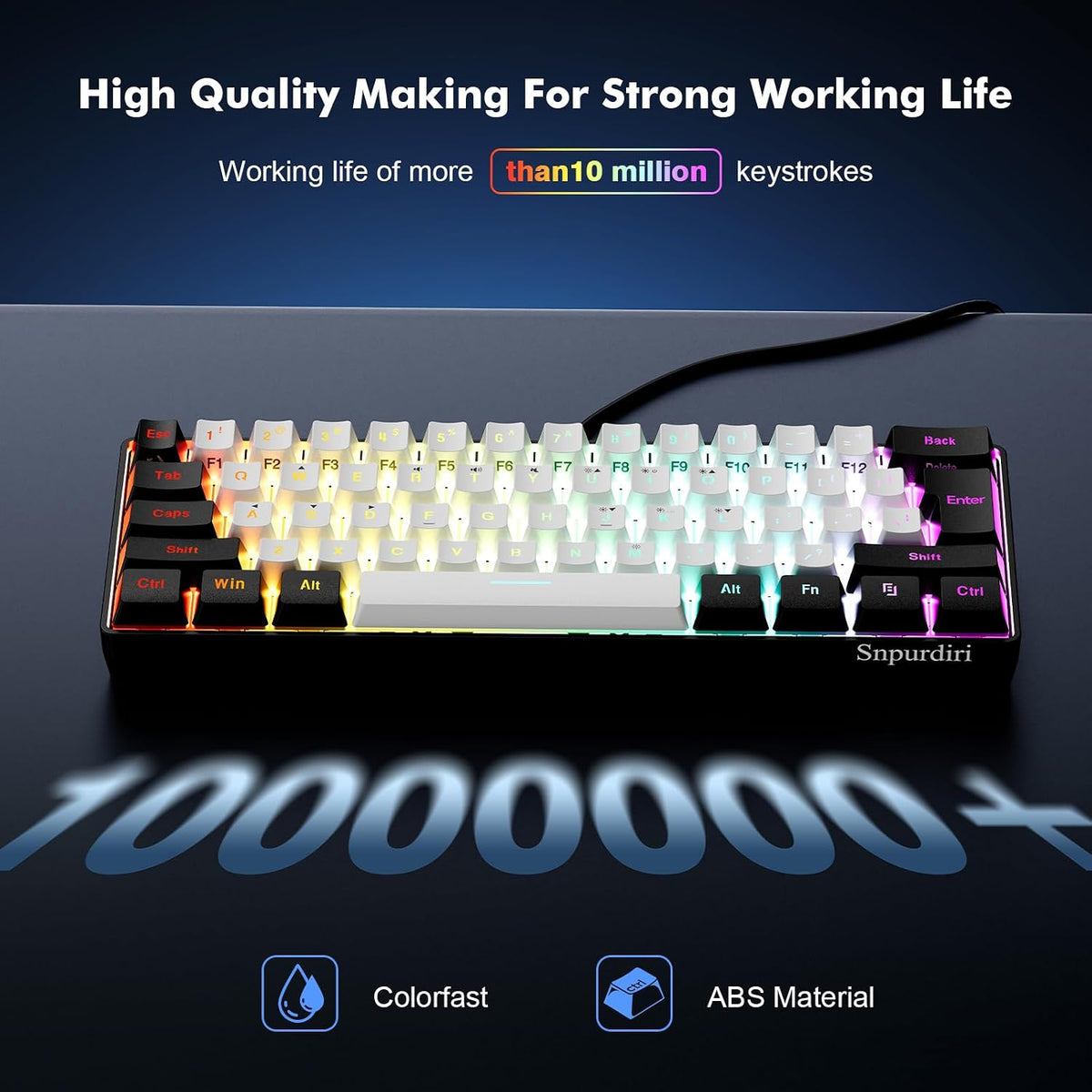 Snpurdiri 60% Wired Gaming Keyboard, 61 Keys RGB (Black-White) | Backlit Ultra-Compact Small Gaming Keyboard, for PC/Mac Gamer, Typist, Travel, Easy to Carry on Business Trip