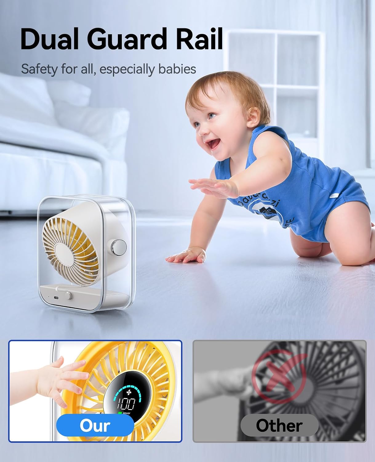 KIMMOO USB Desk Fan, Quiet Table Fan with Turbo Airflow, 100 Speeds, Digital Display, 90° Rotating, Small Rechargeable Battery Desktop Fans for Bedroom Home Office Travel, Ivory