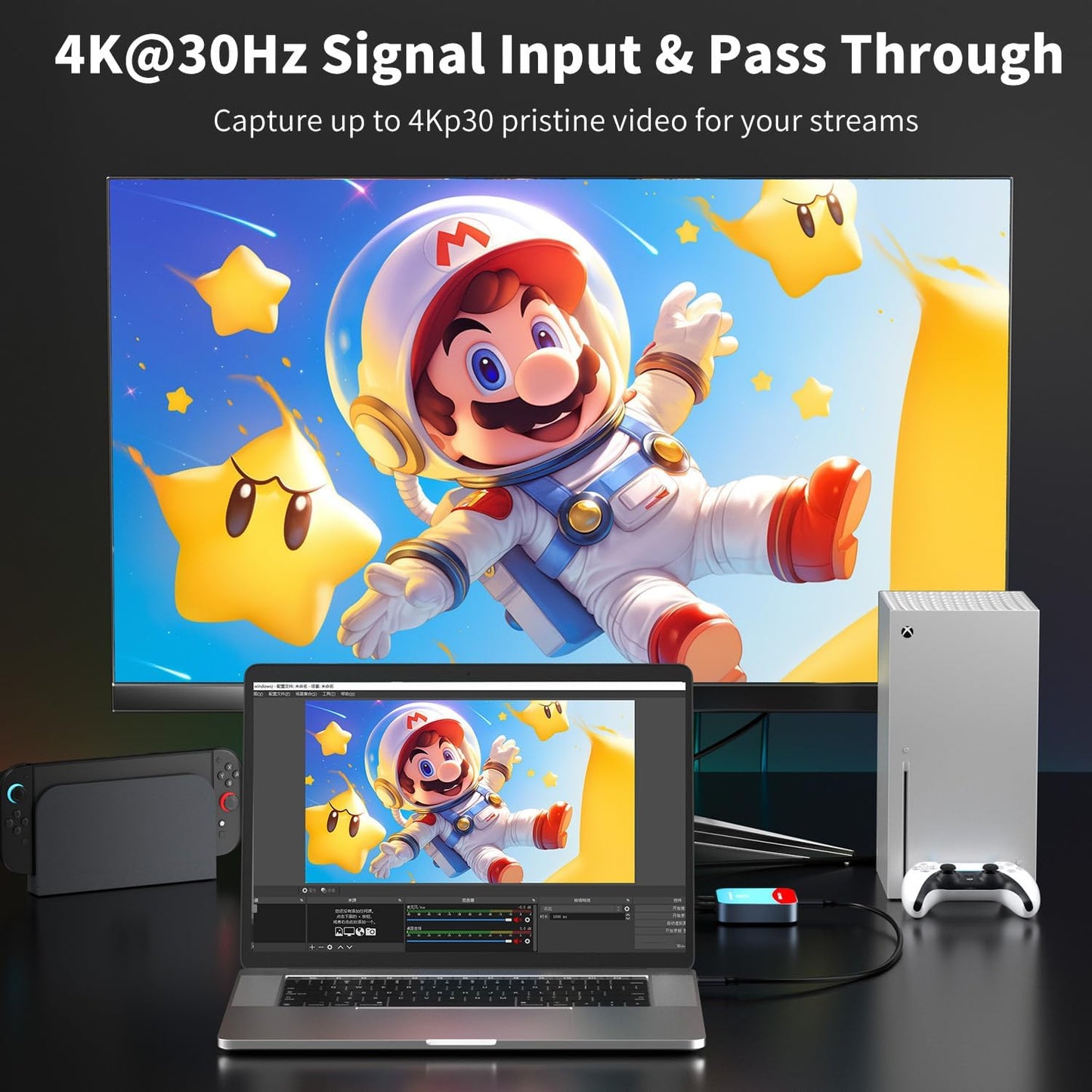 Capture Card for Nintendo Switch, 4K HDMI Capture, USB C 3.0 1080P 60FPS | Audio Video Recorder, low latency, streaming accessories, USB capture card for streaming/gaming, for PS5/Xbox/OBS/Camera/PC