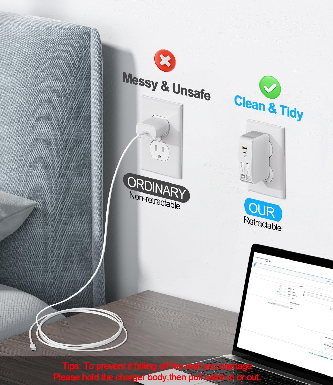 4 in 1 Retractable Wall Charger,40W Retractable Phone Charger Wall Plug | Foldable Plug,USBC & A Ports,20W USB C Chargers Block Fast Charging for iPhone 17 16 15 14 13,LG,Galaxy S25 S24 23,Pixel,LG