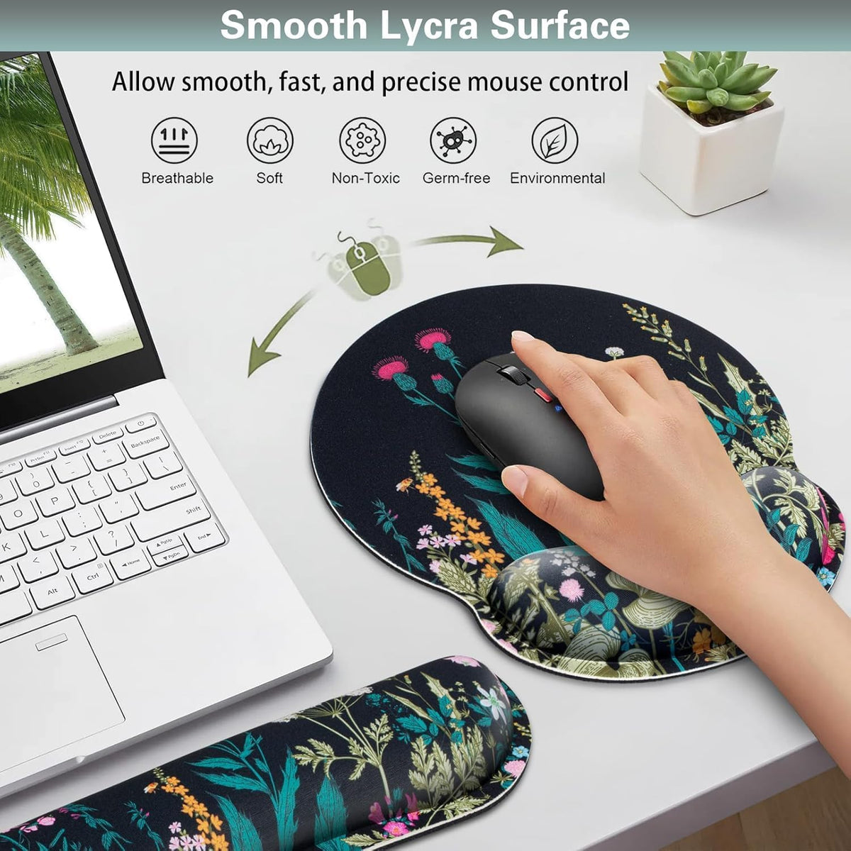 Mouse Pad with Wrist Rest Set, 3-in-1 Wrist Support Mouse Pad Set, Floral | Gaming MousePad with Anti-Skid Base,Ergonomic Mouse Pad,Memory Foam Keyboard Gel Wrists Rest