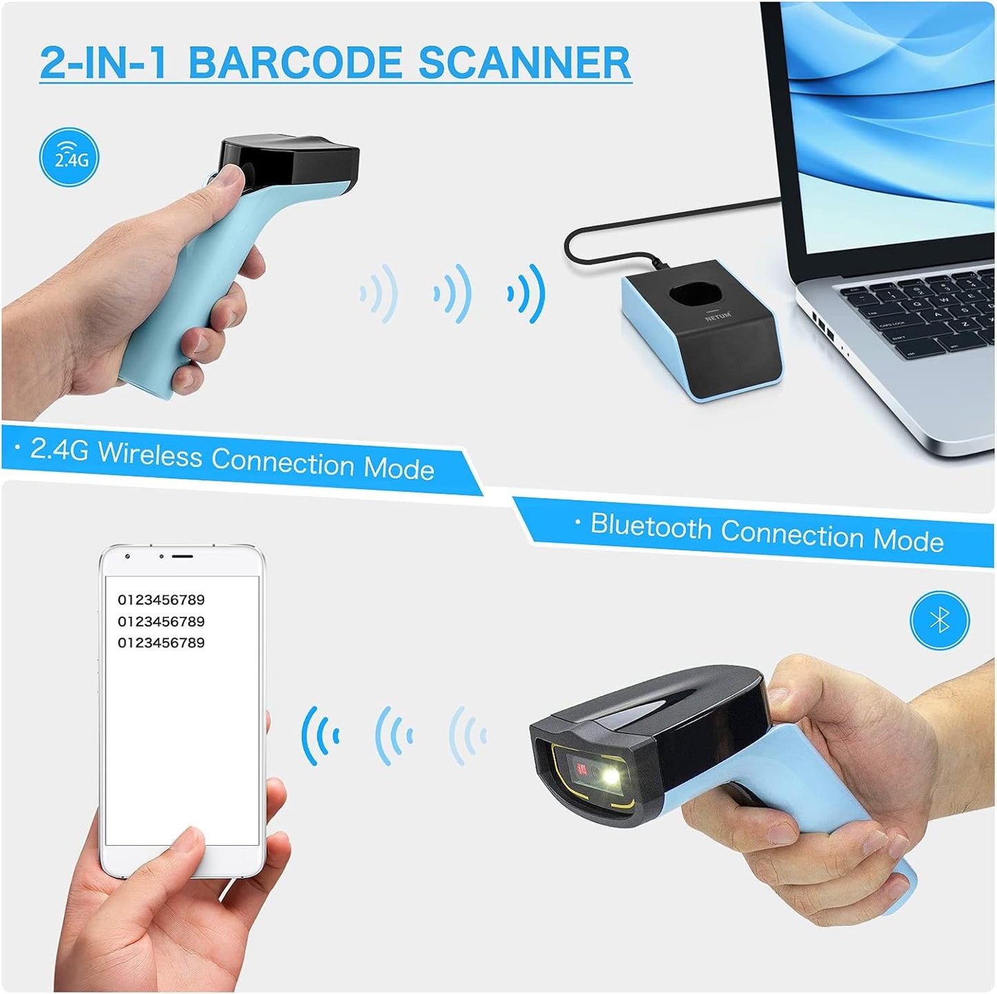 Bluetooth Wireless 2D Barcode Scanner, Hands Free QR Barcode Reader-DS7500 | with Charging Cradle and Built-in Memory, Automatic, Fast and Precise scanning, Transfers Up to 100 Meters