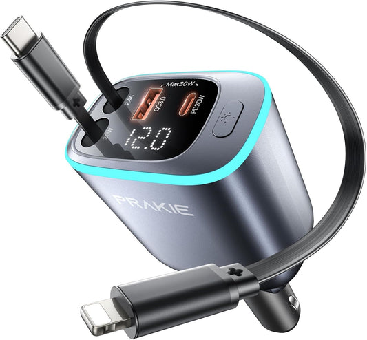 iPhone Car Charger, Retractable Fast USB C Phone Charger, 4 in 1 Cigarette | Lighter Adapter with 2 Cables 25 Inch and 2 USB Ports, Multi Port USB Car Charging for iPhone 17/16/15/14/13/Pro Max