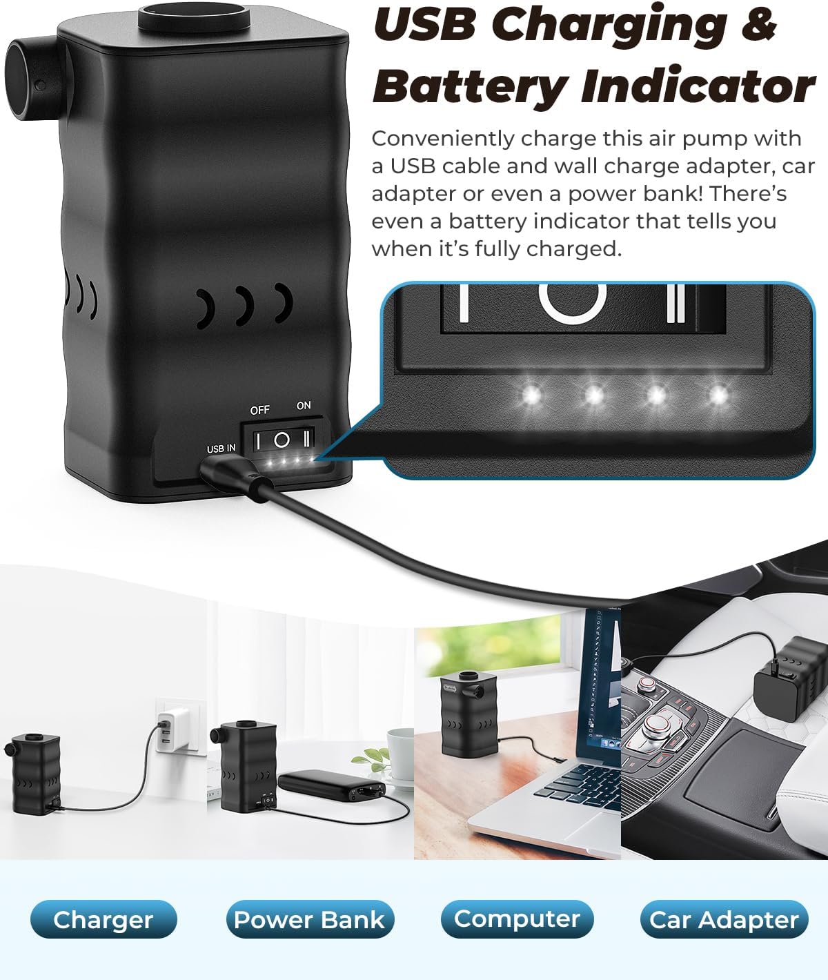Dr.meter 6000mAh Rechargeable Long-Lasting Air Pump for Inflatables | Portable Quick-Fill Air Mattress Pump Inflator Deflator for Inflatable Pool Boat Float Raft Swimming Rings Camping Vacuum Bag