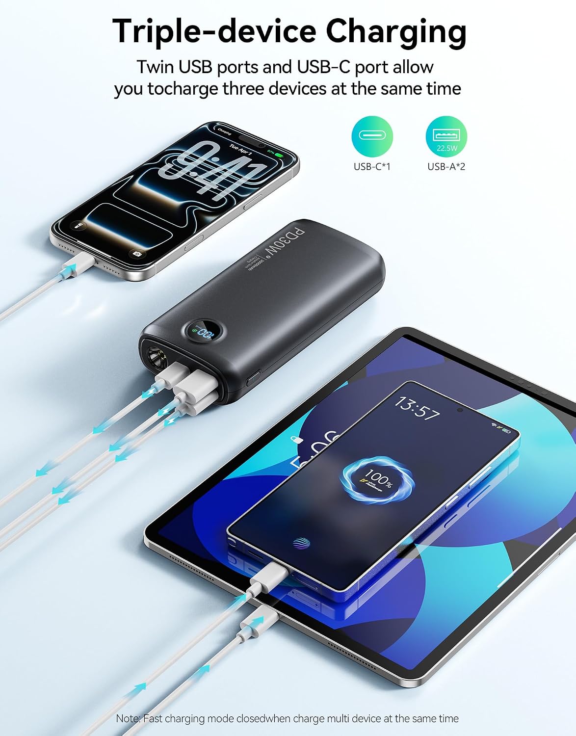 DIAMUAR Portable Charger 30000mAh, 30W USB C Fast Charging, 3W Flashlight | High Speed, Digital Display, Power for Days, 3 Outputs, USB-A 22.5W, Multi Shield, for iPhone 17/16, Pad, Camping Essentials