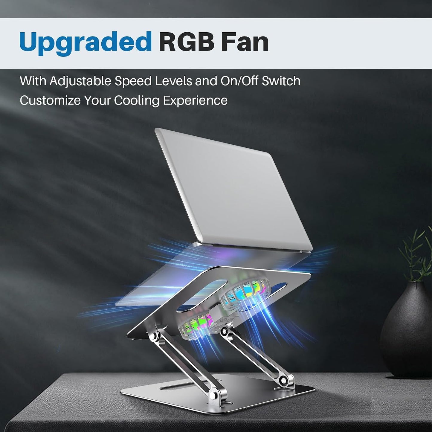 YICOSUN Adjustable Laptop Cooling Stand with 2 Quiet Fans & RGB Lighting, Aluminum Alloy & Foldable Ergonomic Design for MacBook, Lenovo, ASUS, Dell 10-16 Inch, Perfect for Gaming, DJ, Office - Gray