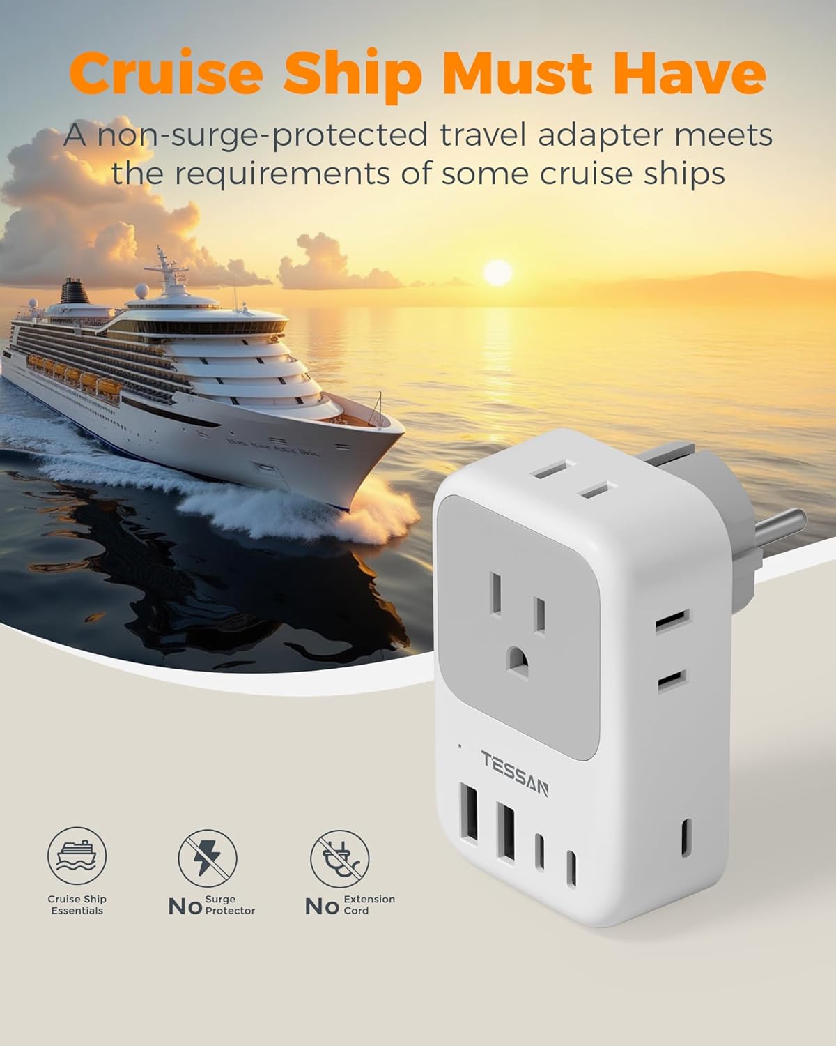 TESSAN Type F Plug Adapter 2 Pack, 28W Germany France Travel | 4 Outlets 5 USB Ports (3 USB-C), Type E Power Adaptor, US to Europe Spain Iceland Greece South Korea Russia Norway