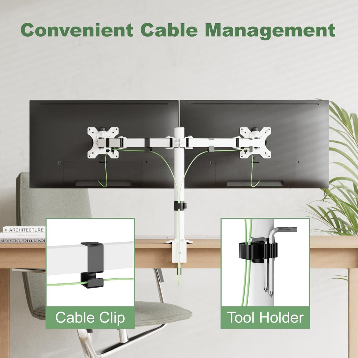 UPGRAVITY White Dual Monitor Mount Stand for Two 17"-32" Screens | Fully Adjustable Dual Monitor Arms Hold up to 17.6lbs, VESA 75x75/100x100mm, C-Clamp/Grommet Base