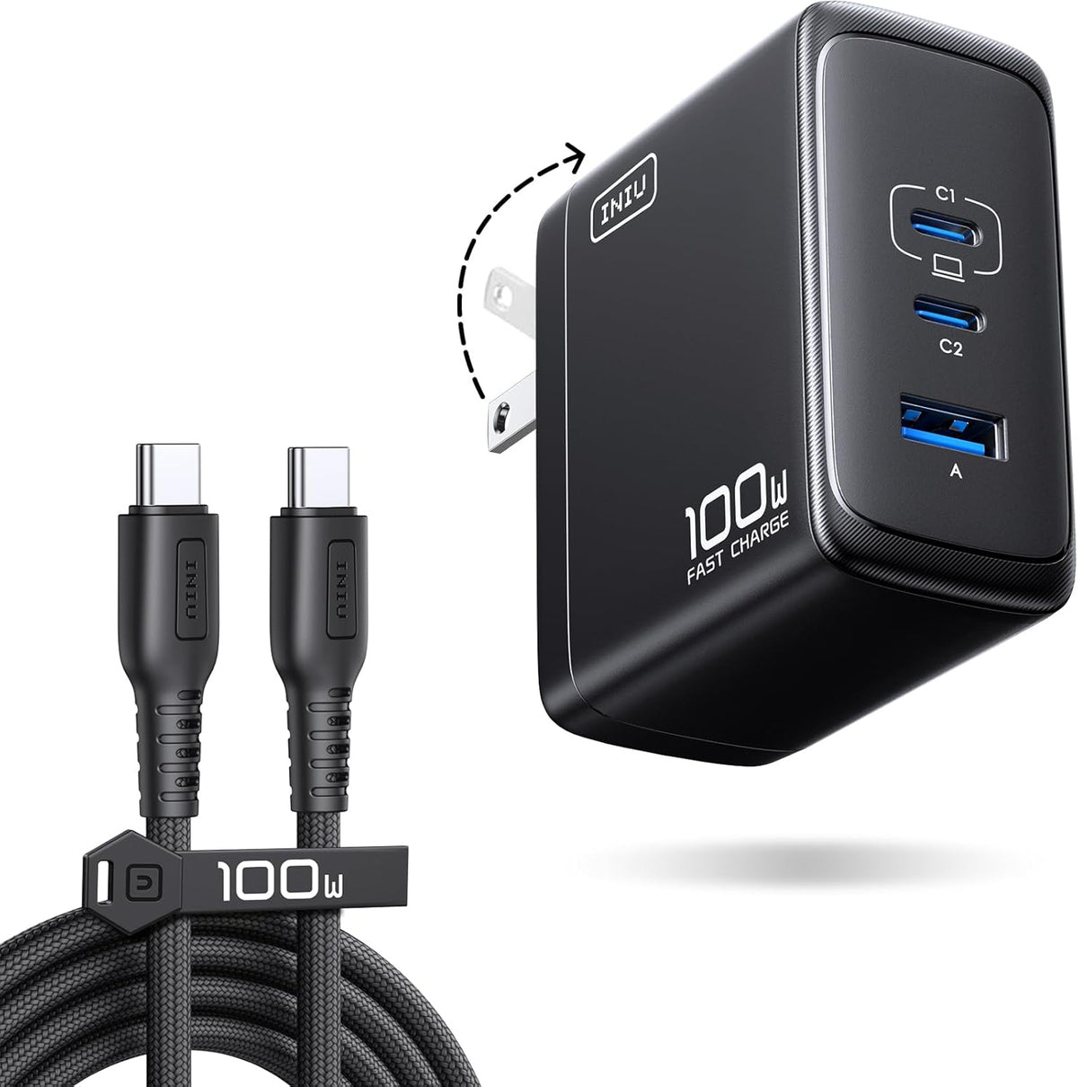 INIU 100W USB C Charger, 3-Port GaN Fast Charging Block with 5ft USBC Cable | 30% Smaller, Foldable Plug, GaN Tech, Multi Port, Travel Laptop Charger for MacBook Pro Air Neo, iPhone 17, Samsung, Dell etc