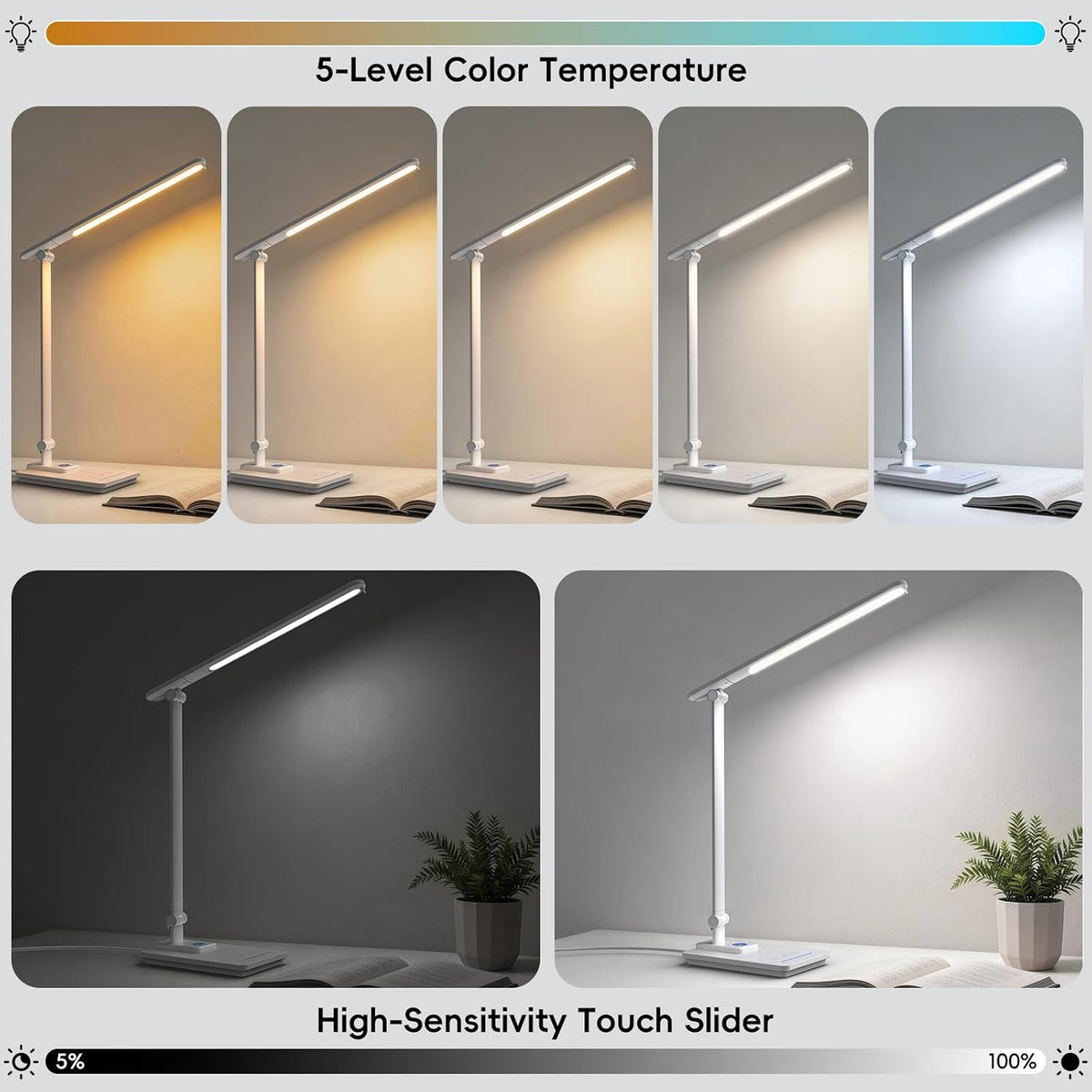 ELECTRI Desk Lamp for Home Office, Eye-Care Desk Light with Touch Control, 5 Color & Stepless Dimming, 360° Rotatable, Reading Lamp for Table Study Work Office Nail Craft Puzzle(with Adapter)