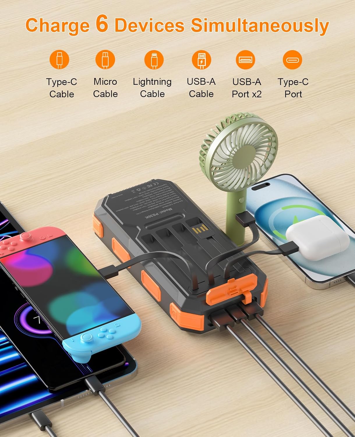 Solar Charger Power Bank 38800mAh, 22.5W USB-C Fast Charging Portable Charger with 4 Built-in Cables, External Battery Pack with Dual LED Emergency Flashlights for Camping, Hiking, Outdoor Use