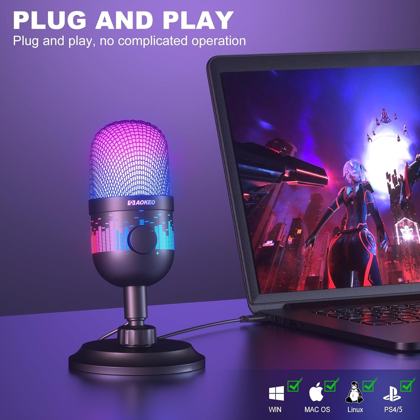 Aokeo Gaming Microphone, USB Computer Microphone for PC, Mac, PS4/5, Condenser Podcast Mic for Studio Recording, for Streaming Podcast YouTube, with Led Light