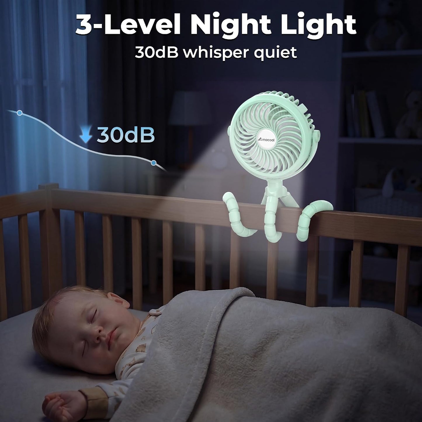 AMACOOL Battery Operated Stroller Fan, Portable Clip On Fan Rechargeable | Baby Travel Essentials for Beach Disney, Newborn Boy & Girl Gifts Registry Search, Cooling for Car Seat Wagon Crib Treadmill