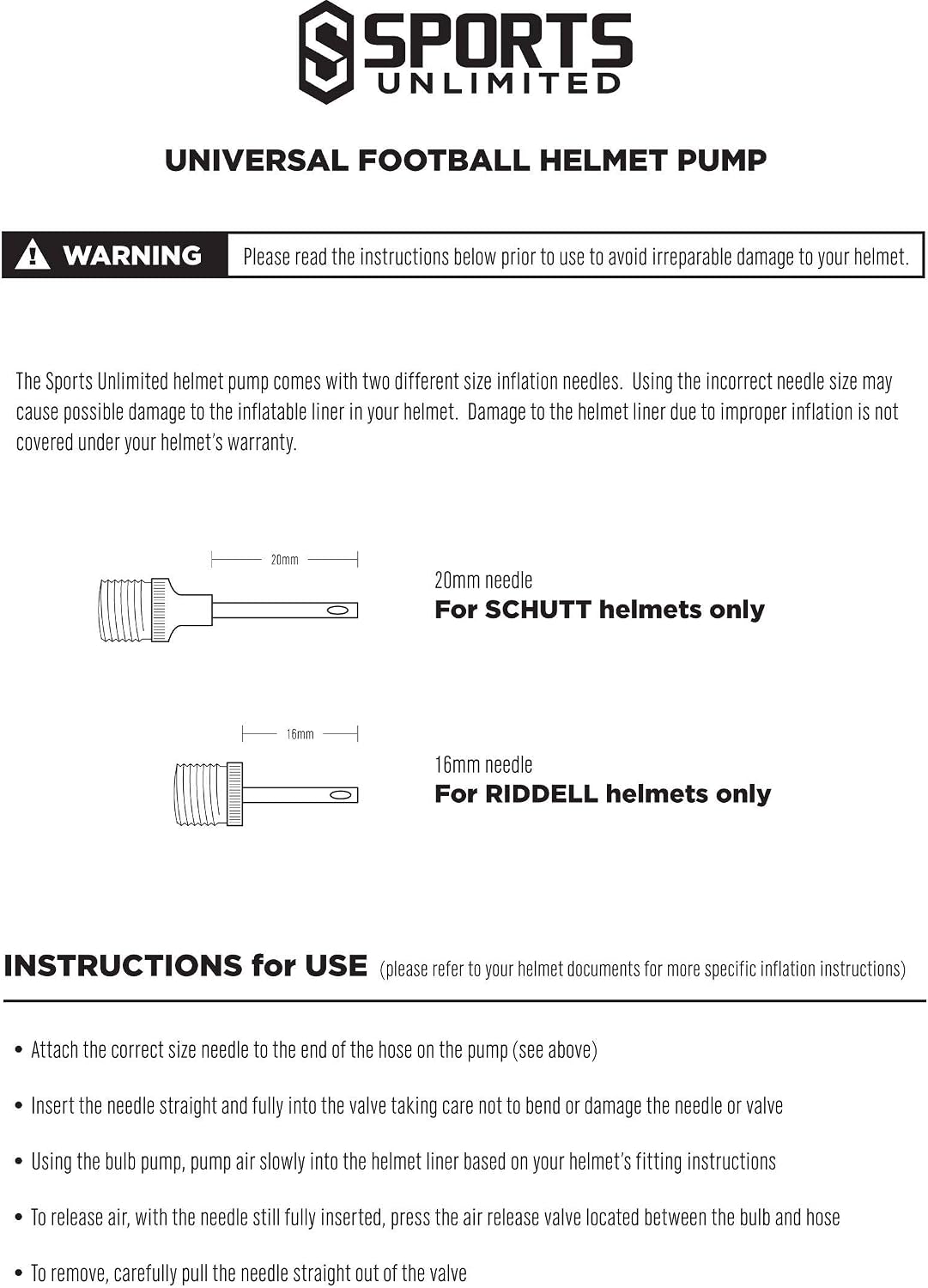 Sports Unlimited Universal Football Helmet Pump & Inflation Needle Kit, Air Pump for Inflatable Football Helmet