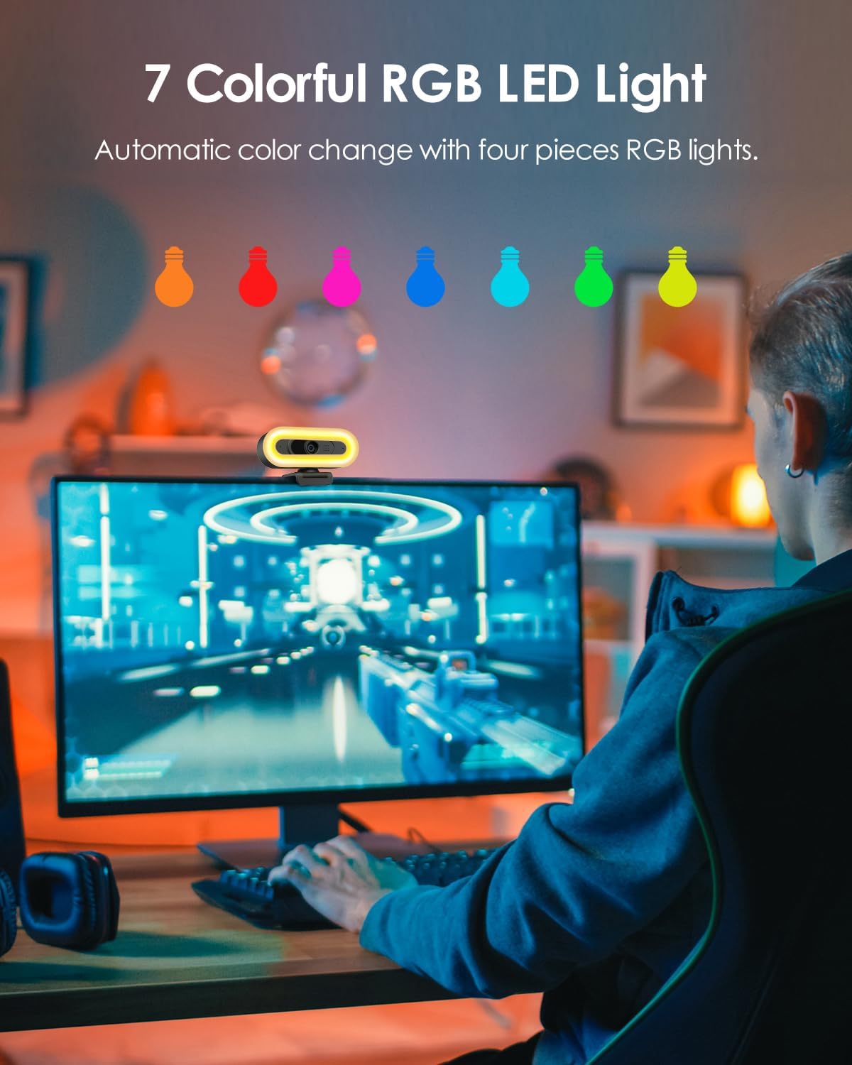 2K/60Fps Webcam, Streaming Camera with Fill RGB Lights, 1080P/60FPS Webcam, Autofocus, Dual Noise-Cancelling Microphones, Privacy Cover and Tripod for Computer, PC, Zoom