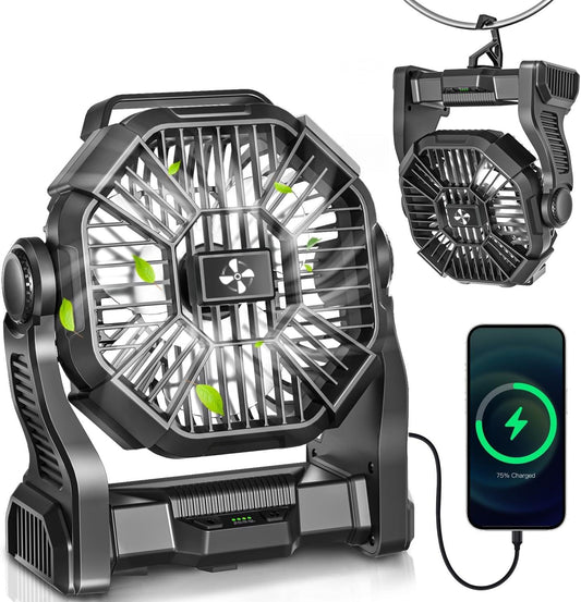 AEscod Portable Camping Fan, Rechargeable Battery Operated with LED Lights, Hanging Hook, 270°Rotation, 20000mAh Battery Powered Fan for Beach, Office, Picnic, Fishing, Travel, Tent