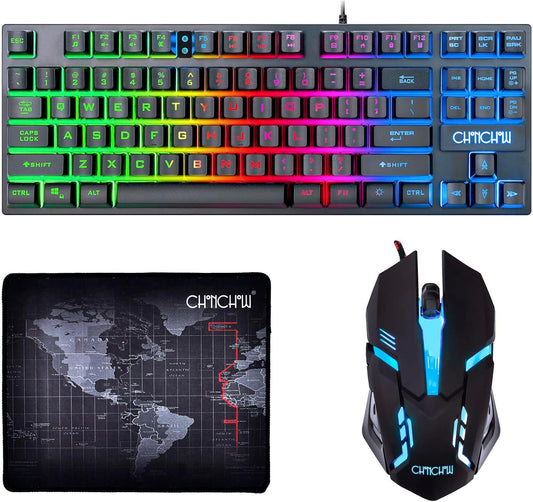 TKL Gaming Keyboard Mouse, Wired LED Keyboard RGB Mouse for PS4 Xbox PC Mac | 87 Keys Gaming Keyboard and 800-3200 DPI Rainbow Backlit Mouse
