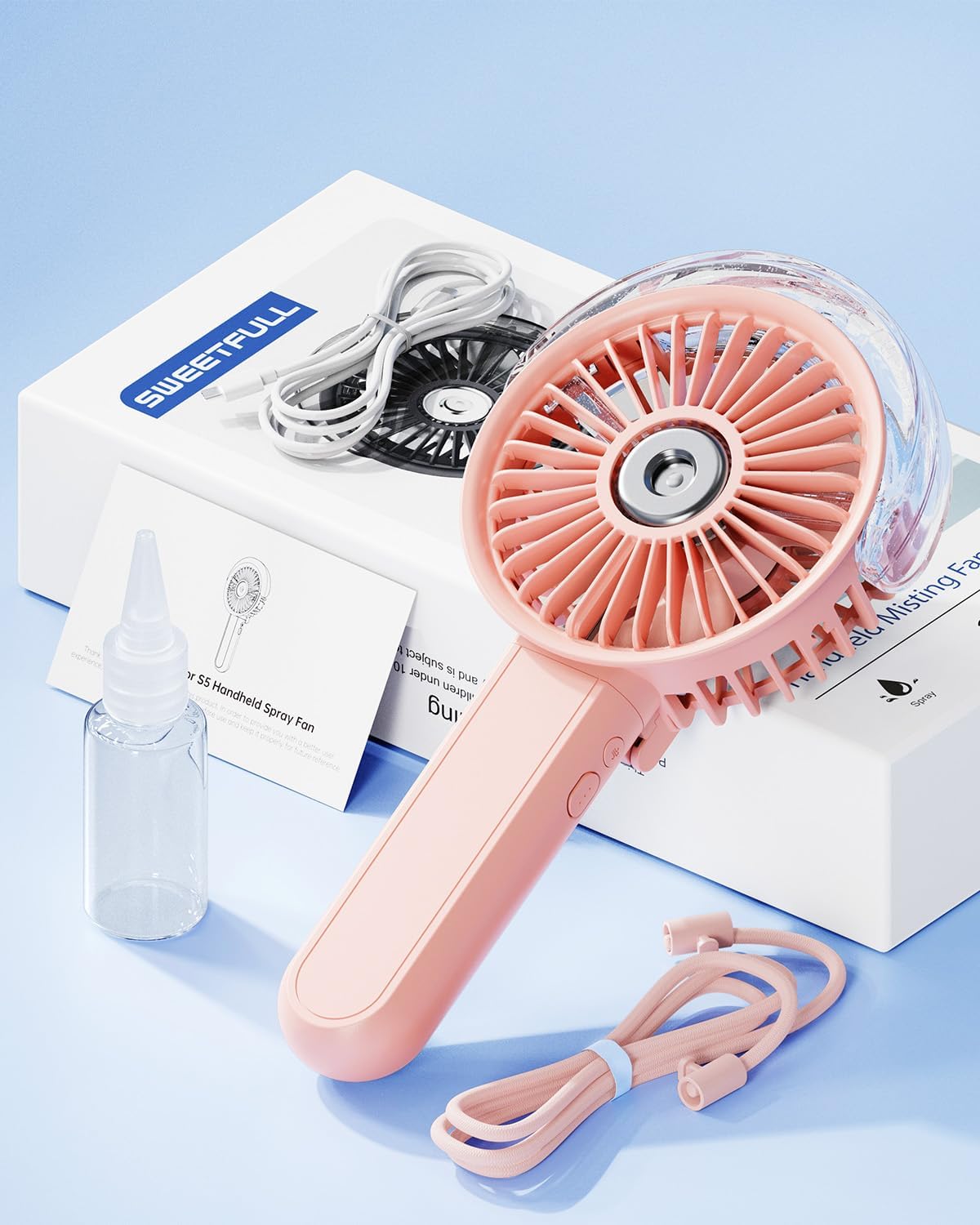 SWEETFULL Portable Misting Fan - 180° Foldable Handheld Personal Fan with Mist Spray, 3 Speeds, 30ml Water Tank, USB Rechargeable for Travel, Outdoors, Makeup, Camping, Home, and Office Use