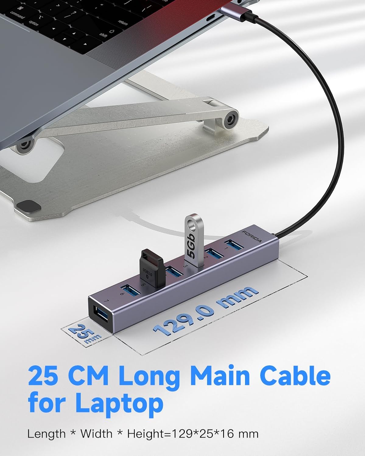 FORIDA USB C Hub-8 Port USB HUB with 7 USB3.0 Data Ports,Aluminum Alloy USBC Splitter with Type C 5V/3A Power Port Compatible with MacBook, iPad, Surface Pro, XPS, Laptop,PC (Gray,USB C-9.8in)