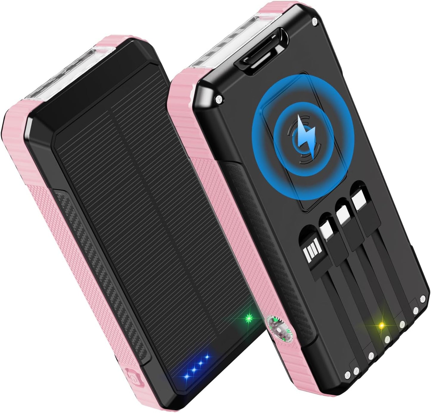 Solar Power Bank 49800mAh, Portable Charger with Built-in 4 Cables, 22.5W Fast Charging Solar Panel Charger for Traveling, Camping and Emergency(Pink)