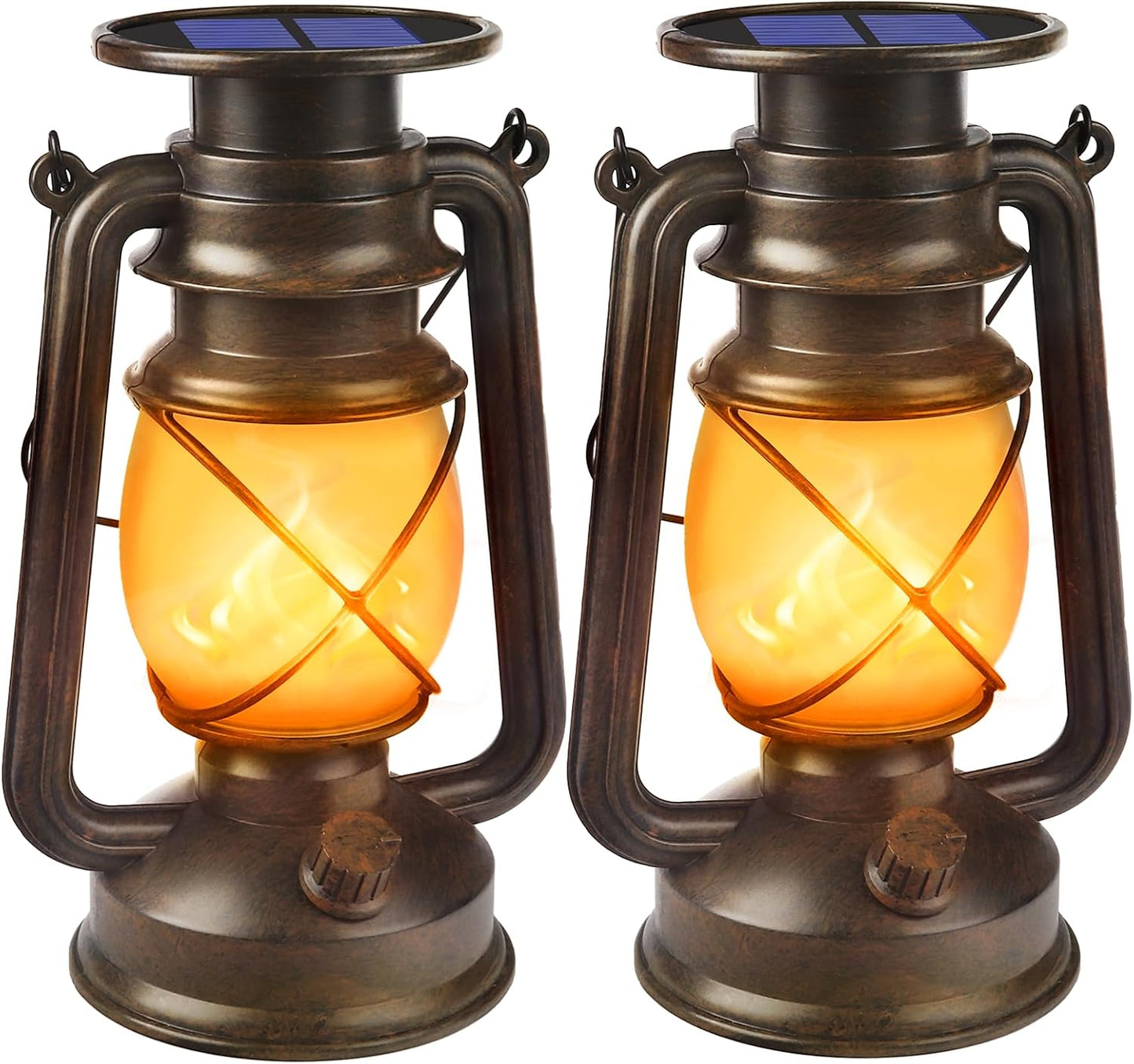 Solar Lanterns Outdoor Waterproof, 2 Pack Bronze Flickering Flame Lights | Vintage LED Hanging Lantern, Outdoor Decorative Lights for Patio, Porch, Garden, Yard, Pathway, Camping