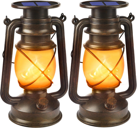 Solar Lanterns Outdoor Waterproof, 2 Pack Bronze Flickering Flame Lights | Vintage LED Hanging Lantern, Outdoor Decorative Lights for Patio, Porch, Garden, Yard, Pathway, Camping