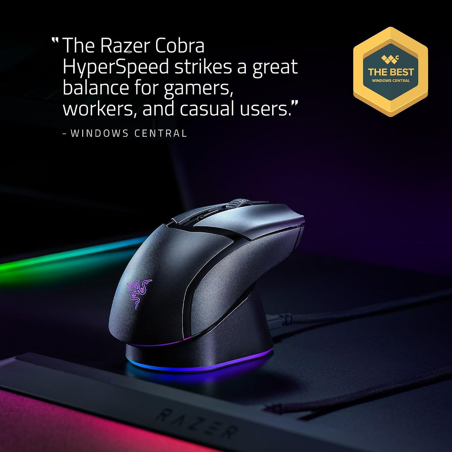 Razer Cobra HyperSpeed Wireless Gaming Mouse, 62g Lightweight, Black | Chroma RGB Lighting, Scroll Wheel, 26K Sensor, Gen-4 Switches (All Optical), 2.4GHz, Bluetooth & USB C