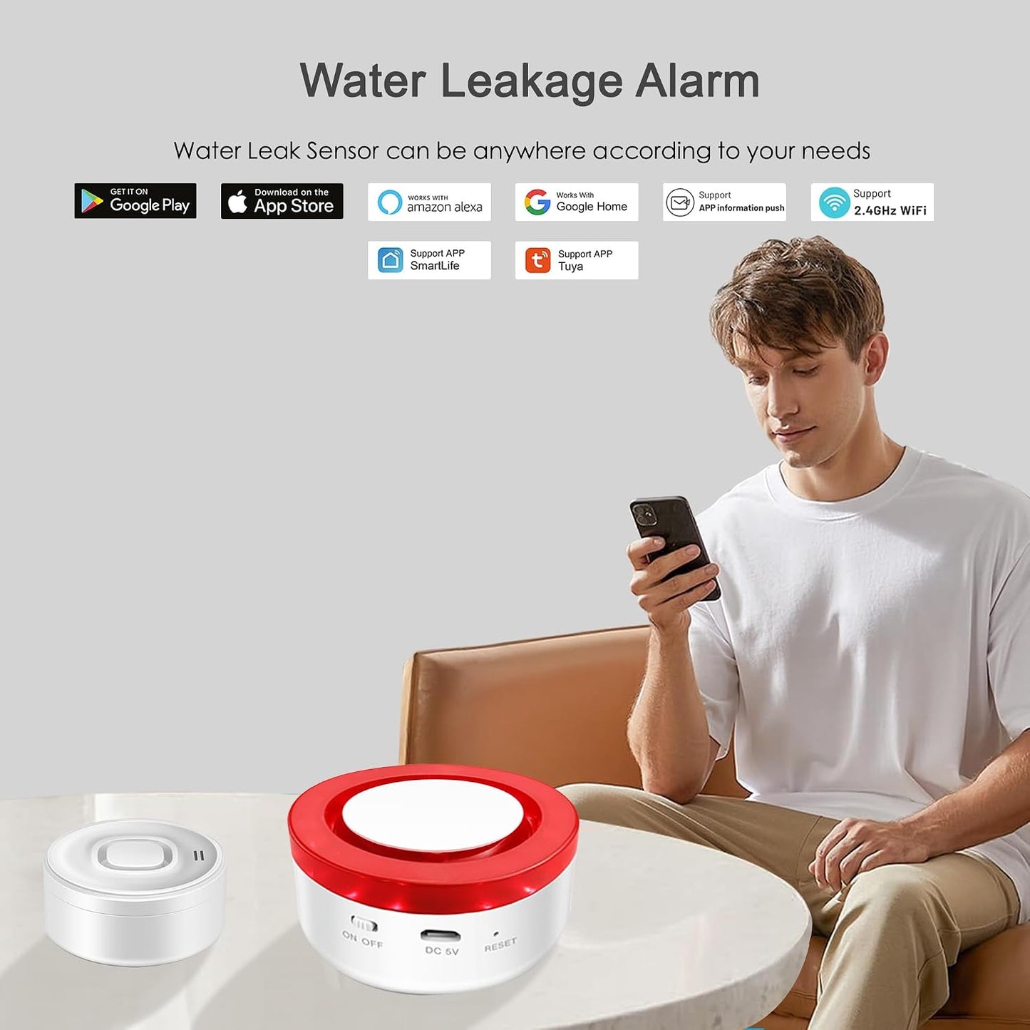 WiFi Water Leak Detector: Smart Water Sensor Alarm,100dB Adjustable Alarm and App Alerts for Kitchens, Basements, Bathrooms, 2 Detectors & 1 Base Station