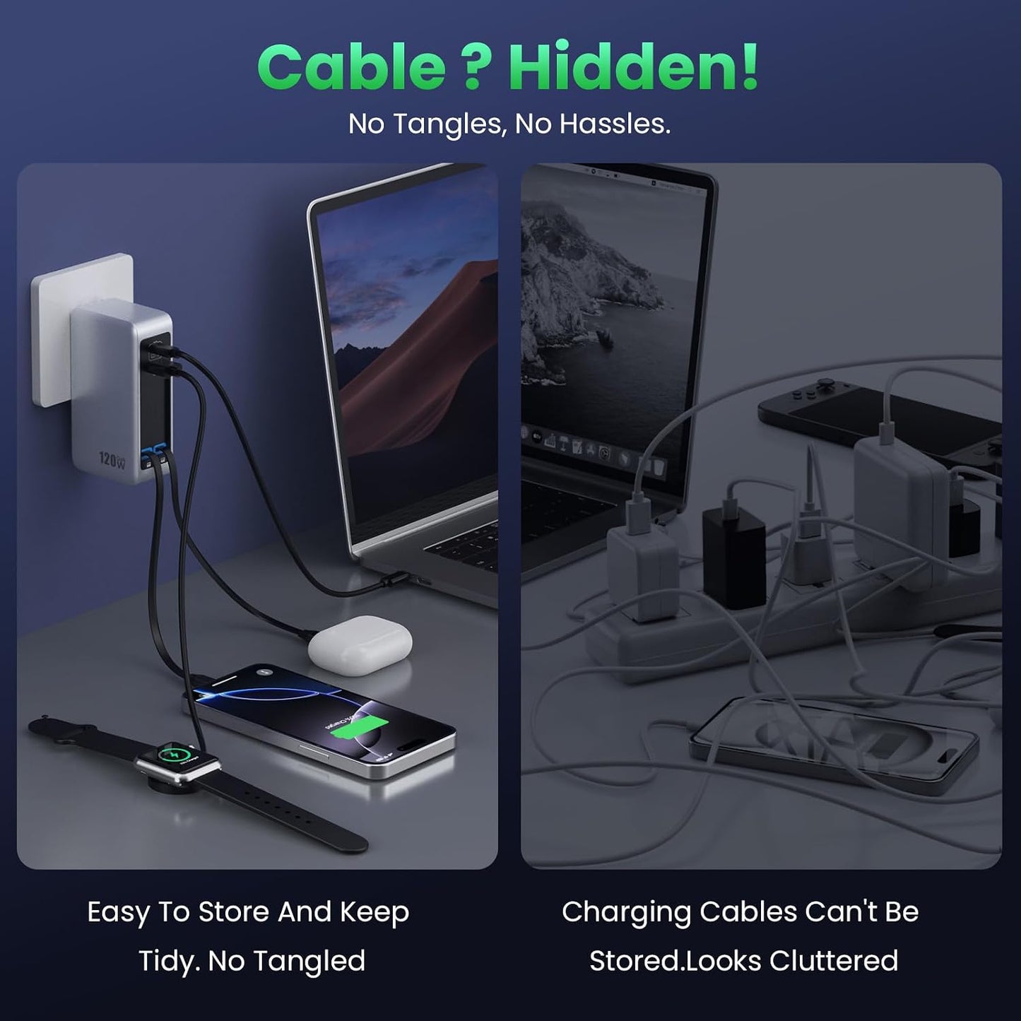 120W USB C Charger Block with 2 Built-in Retractable Cables,4-in-1 GaN IV Foldable Plug Wall Charger Fast Charging Station,PD 65W Laptop Adapter for MacBook/iPad,iPhone 17/16/15/14,Galaxy,Android etc