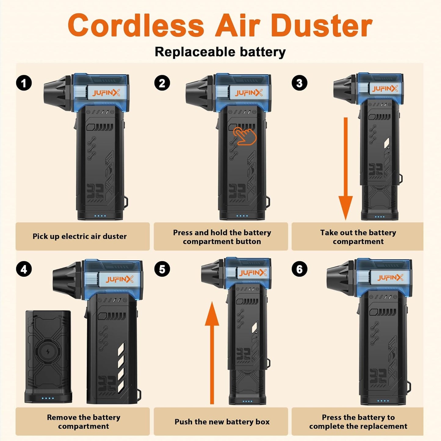 Electric air Duster，250,000RPM Super Power mini Blower,2 Swappable Battery | 3-speed adjustable rechargeable air duster with multiple nozzles，for cleaning car, keyboard, computer, leaves,home & outdoor.