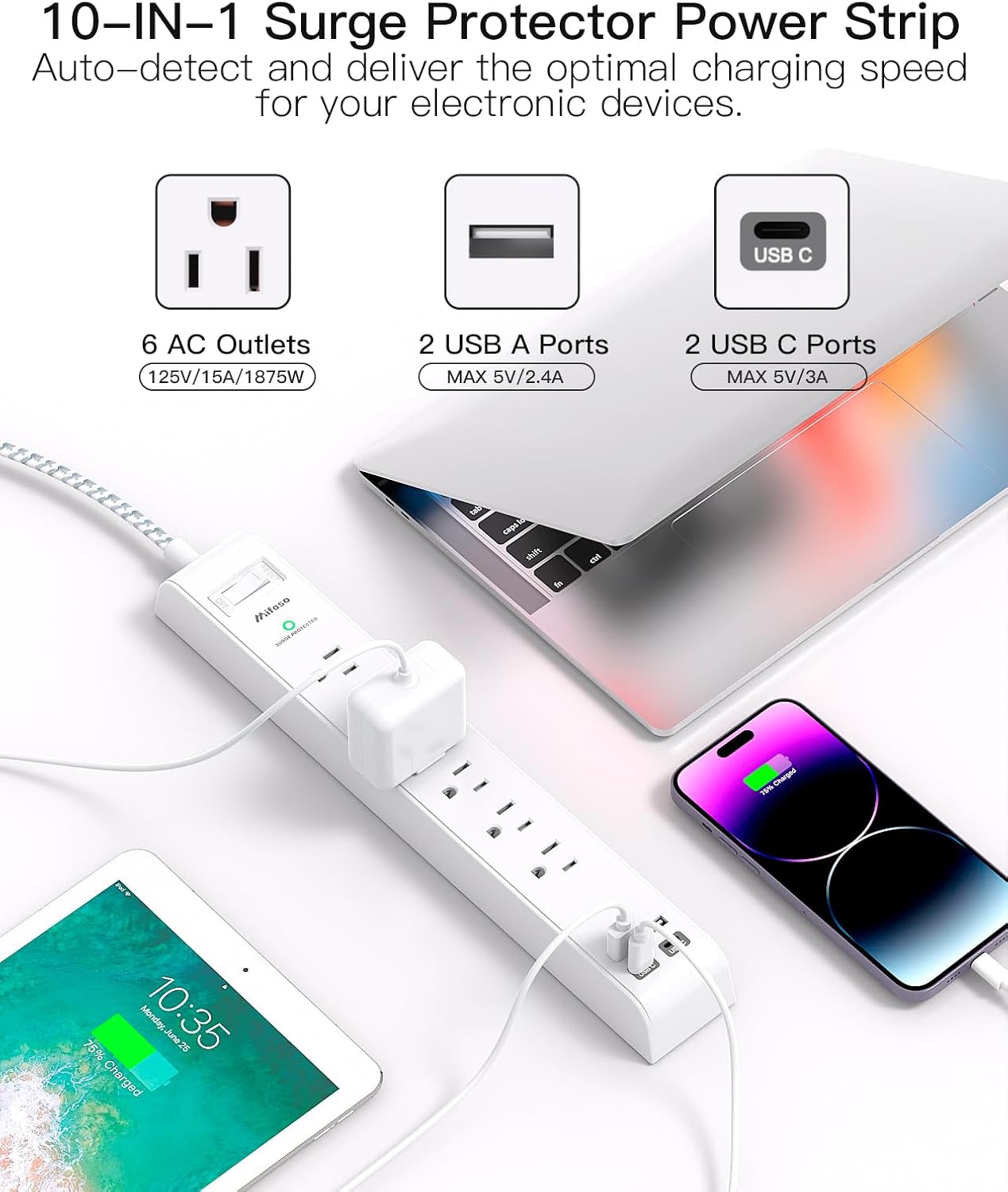 Mifaso Surge Protector Power Strip 10FT, Flat Plug, 6 AC & 4 USB (2 USB-C) | Desk Charging Station, Long Extension Cord with Multiple Outlets, Wall Mountable for Home, Office, Dorm Essentials, 1080J