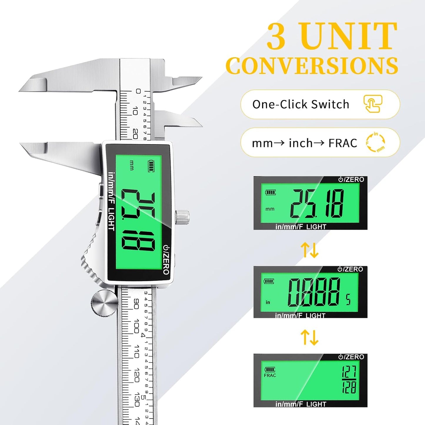 Rechargeable Digital Caliper 6 Inch, Large Backlit LCD Display, Stainless Steel Electronic Vernier Dial Calipers Measuring Tool, Inch/MM/Fraction, Auto-Off Micrometer for DIY, Household, 3D Printing