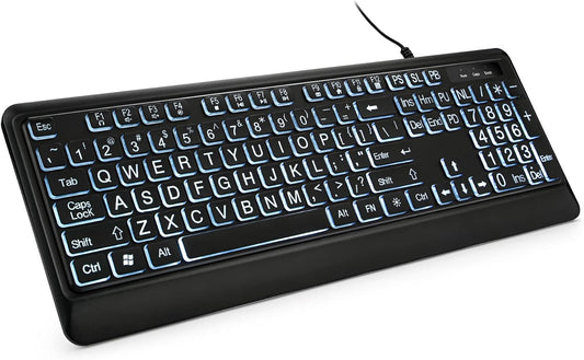 KOPJIPPOM Large Print Backlit Keyboard, USB Wired Computer Keyboard, Full Size Keyboard with White Illuminated LED Compatible for Windows Desktop, Laptop, PC, Gaming, Black