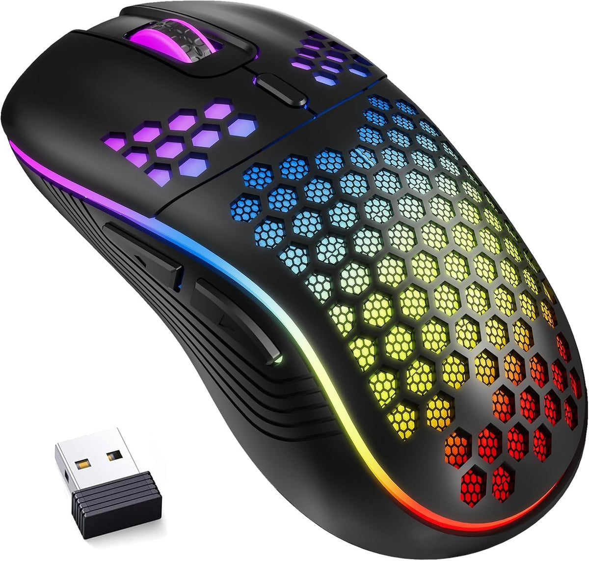 MELOGAGA Wireless Gaming Mouse RGB Rechargeable Lightweight Honeycomb White | 7-Color LED Light, 4 DPI Levels, USB-C Recharge & Stable 2.4G Wireless for PC Mac Laptop Desktop Computers