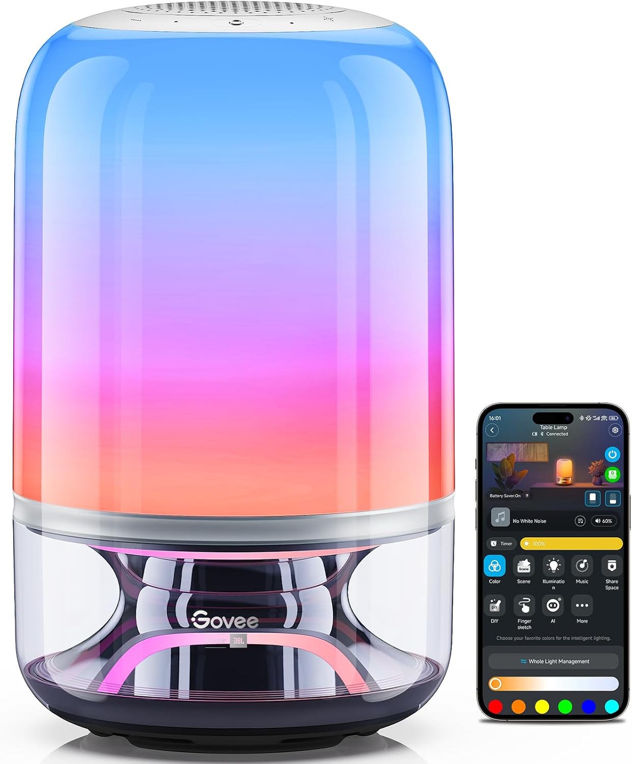 Govee Table Lamp 2 Pro x Sound by JBL, Cordless Table Lamp with Speaker | Music-Light Sync, 16 Music Modes & 100+ Scene Modes, Work with Matter, Customized Smart Rechargeable Table Lamp for Bedroom